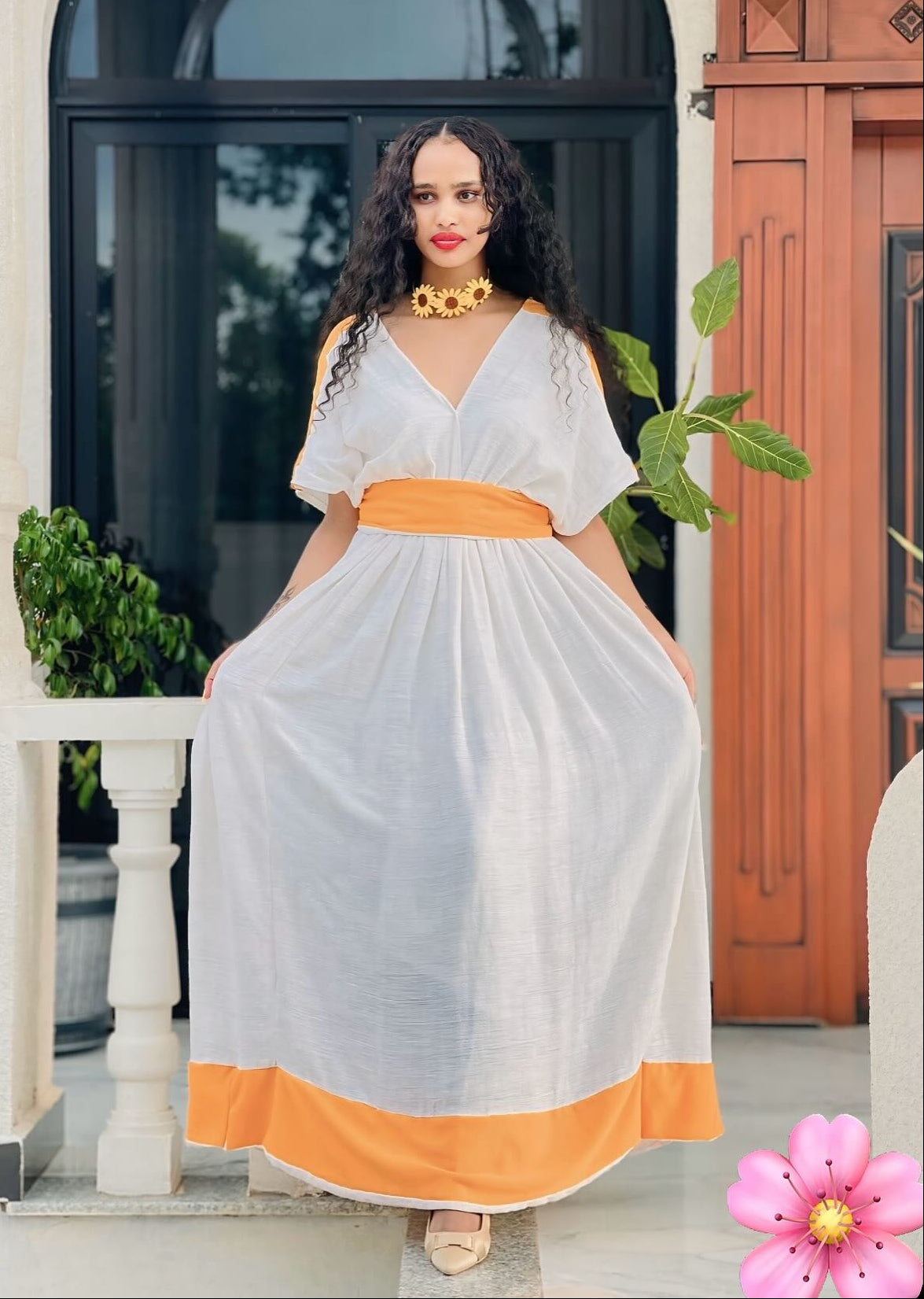 Orange And White Habesha Traditional Dress