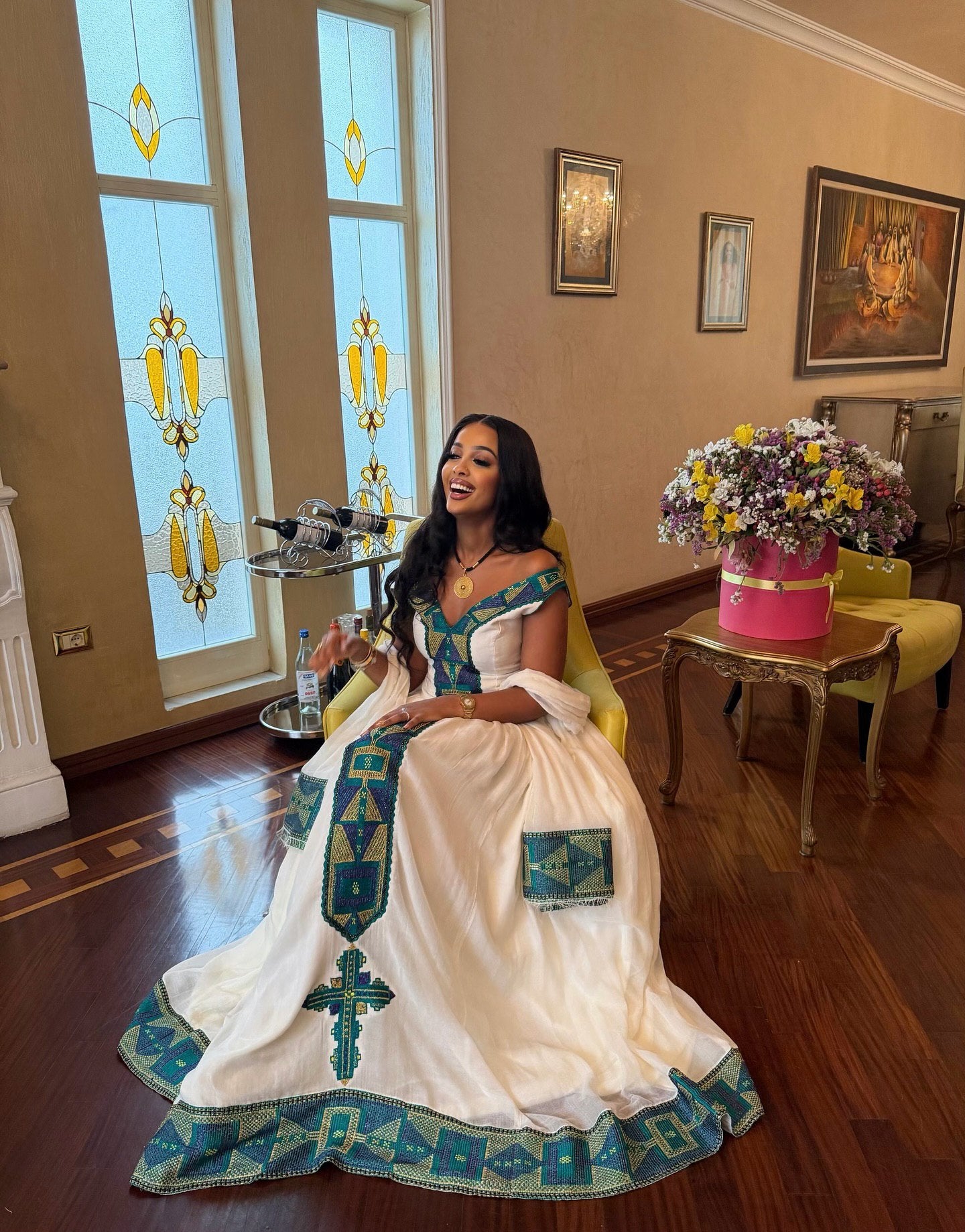 Off Shoulder Ethiopian Clothing Cross Embroidery Habesha Kemis Ethiopian Traditional Habesha Dress 201