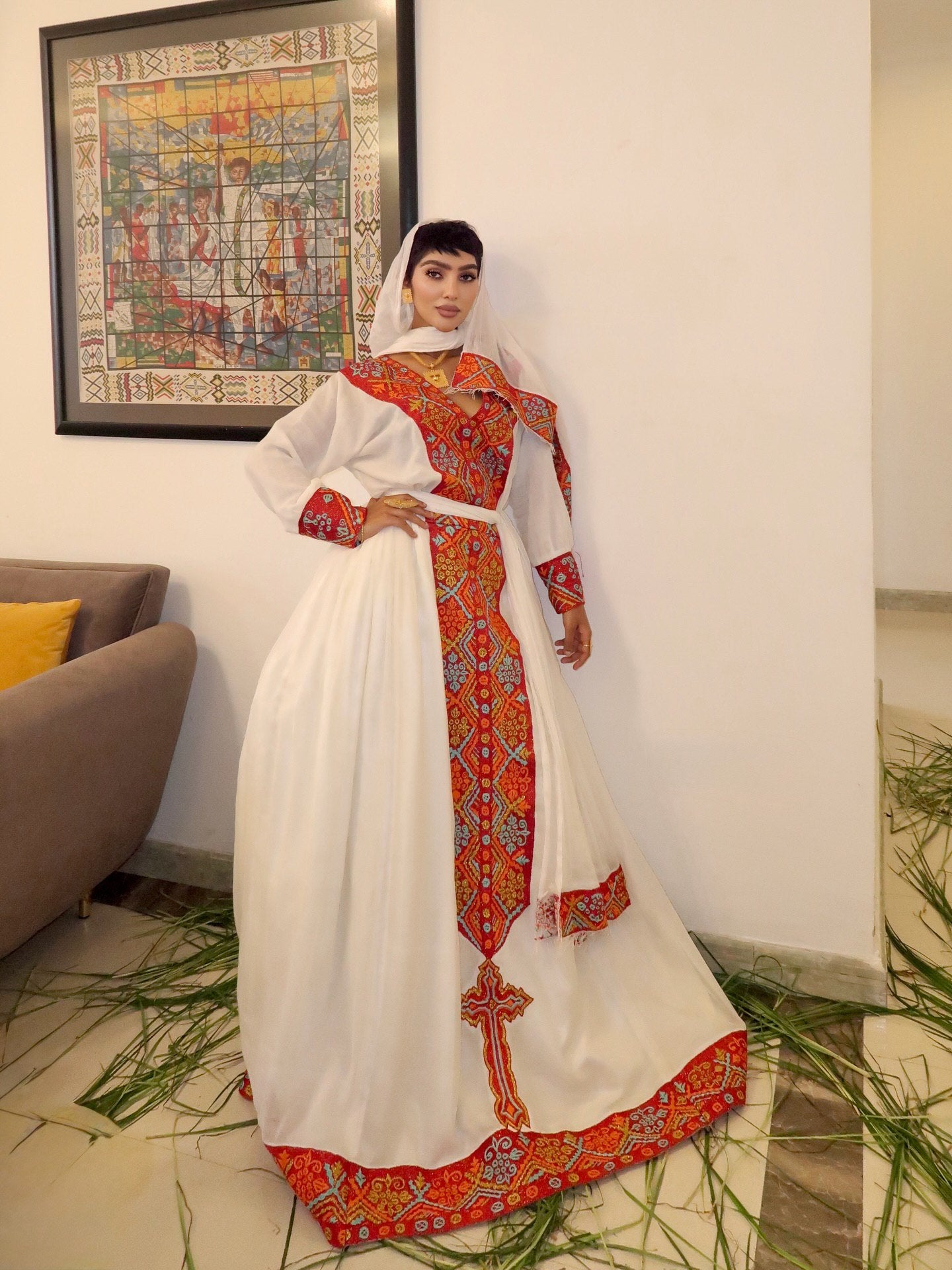 Ivory Gown with Red Embroidery Habesha Kemis Traditional Ethiopian Dress Flowing Design Habesha Dress 430