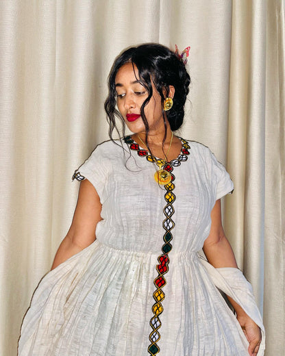 Multicolor Embroidery Habesha Kemis Short Sleeve Ethiopian Traditional Clothing Simple Pattern Habesha Dress 586