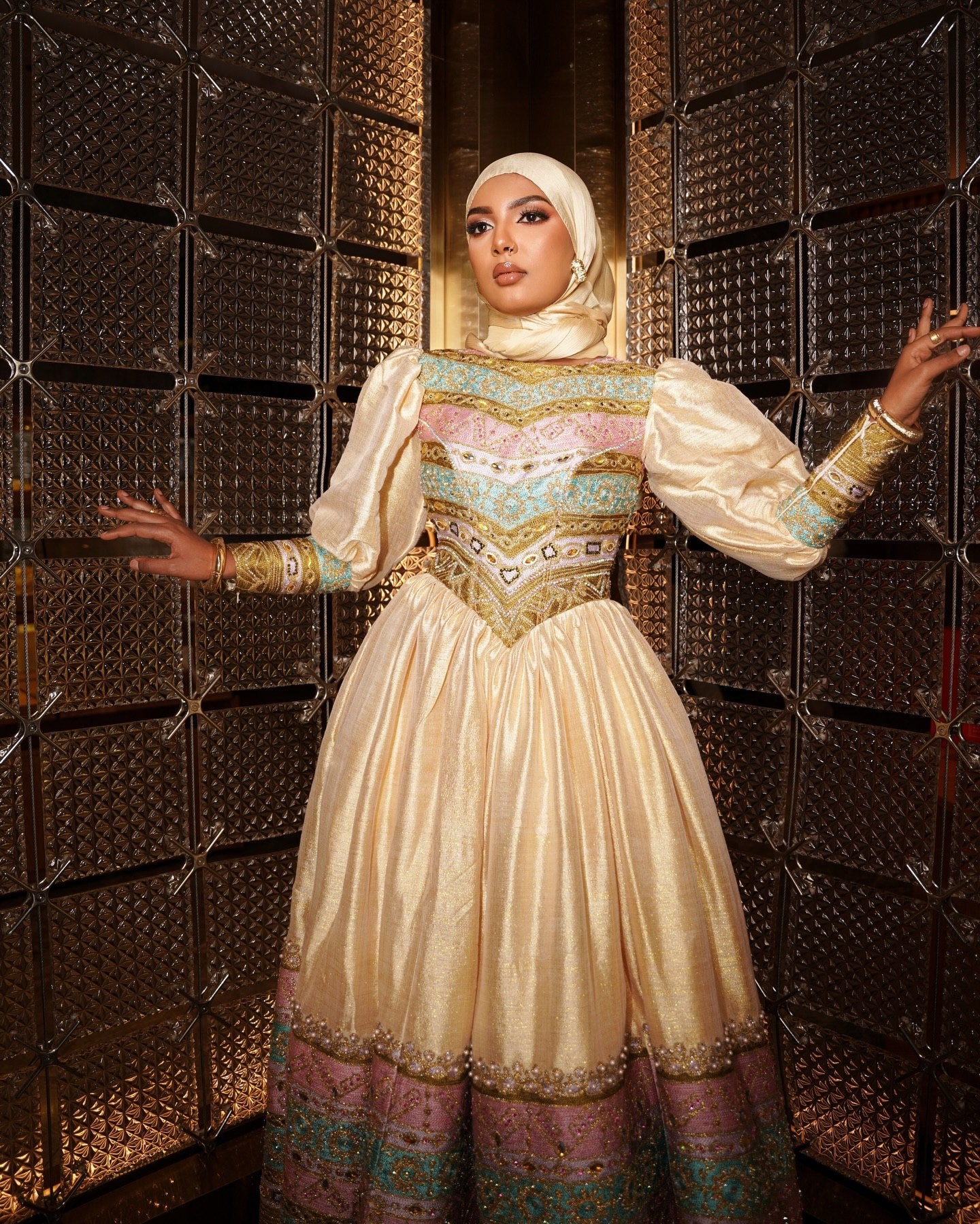 Puff Sleeve Habesha Dress Multicolor Embroidery Habesha Kemis Ethiopian Wedding Dress Style 638