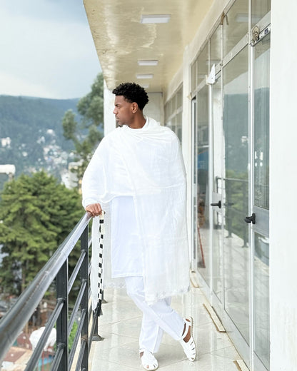 Classic Ethiopian Men’s Traditional Clothing White Outfit with Netela Cultural Men's Outfit Includes Pants and Shoes 0071