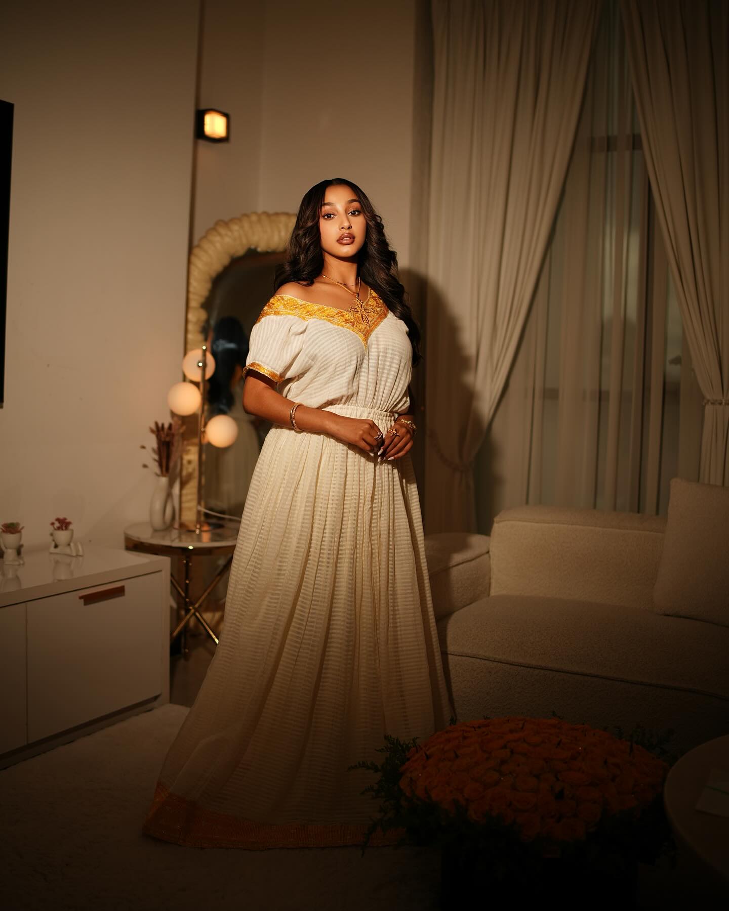 Ethiopian Traditional Dress White and Yellow Embroidered Habesha Kemis Simple Habesha Dress 177