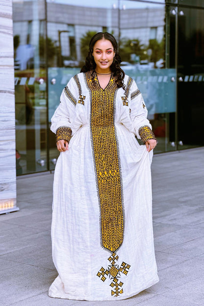 Premium Habesha Kemis Online Unique Ethiopian Dress & Traditional Wear Bold Geometric Embroidery Habesha Dress 248