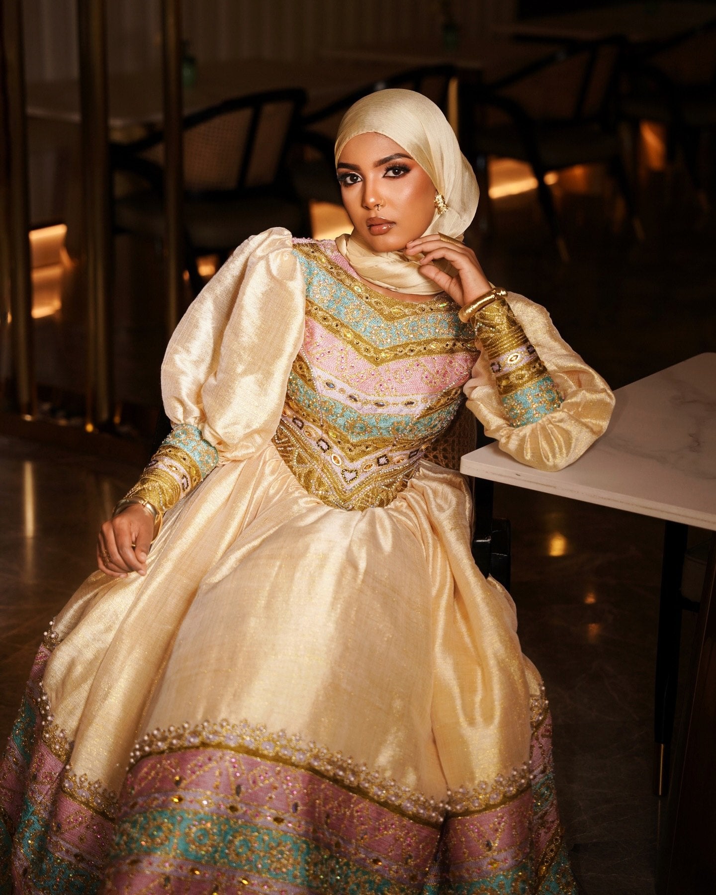 Puff Sleeve Habesha Dress Multicolor Embroidery Habesha Kemis Ethiopian Wedding Dress Style 638