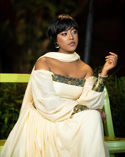 Off-Shoulder Habesha Kemis Long Sleeve Ethiopian Clothing Charming Habesha Dress 659