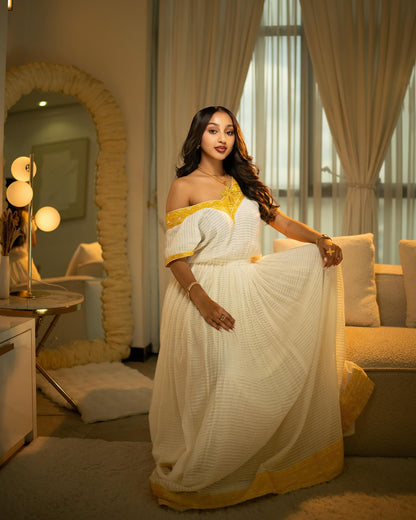 Ethiopian Traditional Dress White and Yellow Embroidered Habesha Kemis Simple Habesha Dress 177