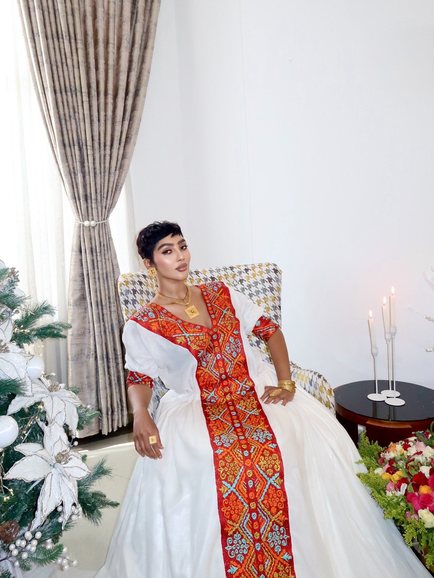 Ivory Gown with Red Embroidery Habesha Kemis Traditional Ethiopian Dress Flowing Design Habesha Dress 430