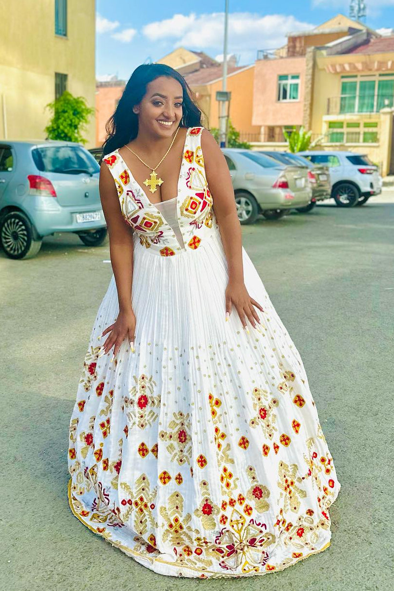 Sleeveless Habesha Kemis with Red and Gold Cross Embroidery