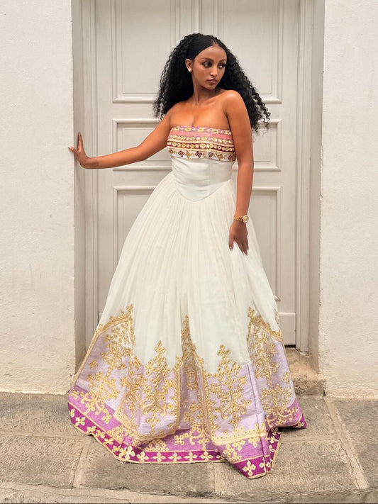 Habesha Dress Strapless Pink Embroidery Habesha Kemis Ethiopian Traditional Dress