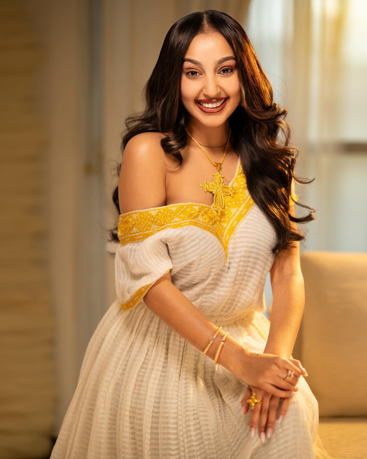 Ethiopian Traditional Dress White and Yellow Embroidered Habesha Kemis Simple Habesha Dress 177
