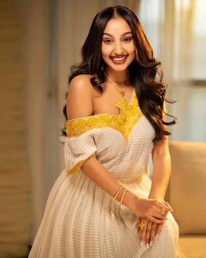 Ethiopian Traditional Dress White and Yellow Embroidered Habesha Kemis Simple Habesha Dress 177