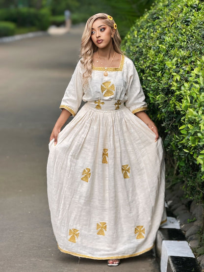 Golden-Embroidered Habesha Dress – Elegant White Traditional Ethiopian Style in Premium Habesha Cloth