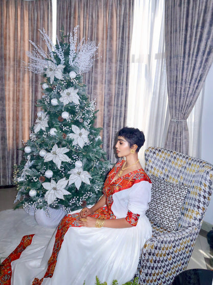 Ivory Gown with Red Embroidery Habesha Kemis Traditional Ethiopian Dress Flowing Design Habesha Dress 430