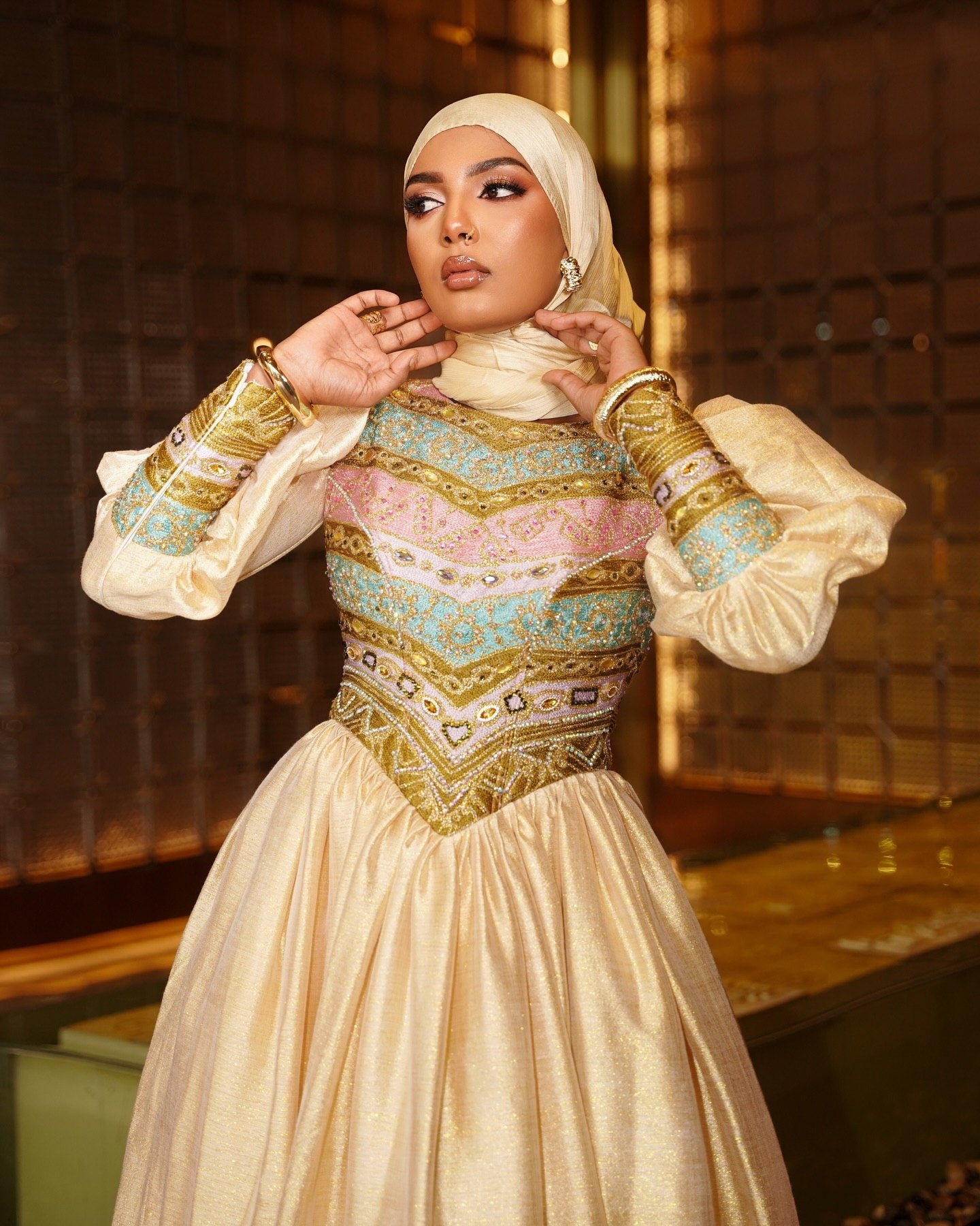 Puff Sleeve Habesha Dress Multicolor Embroidery Habesha Kemis Ethiopian Wedding Dress Style 638