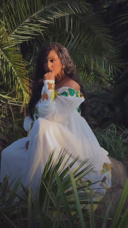Sun Gold & Emerald Floral Cross Long Sleeve Habesha Dress Traditional Ethiopian dress 1269
