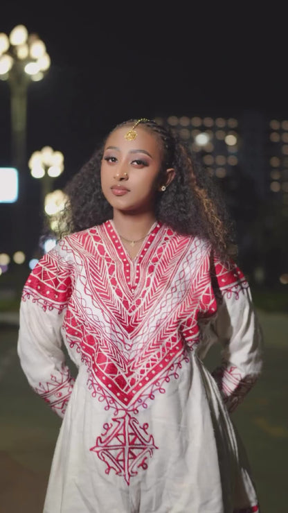Ethiopian traditional dress Modern Red Embroidered Mini Dress V-Neck Bodice & Cross Motif Habesha Kemis 1327
