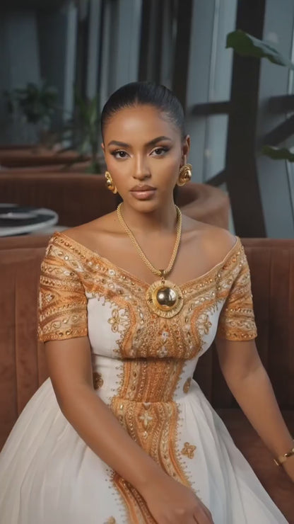 Royal Metallic Gold Ornate Medallion Habesha Kemis Off-Shoulder Ethiopian Wedding Dress 1091