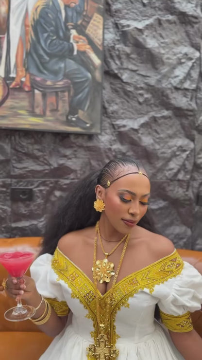 Royal Gold Embroidered Off-Shoulder Puff Sleeve habesha kemis Fine Traditional Ethiopian dress 1230