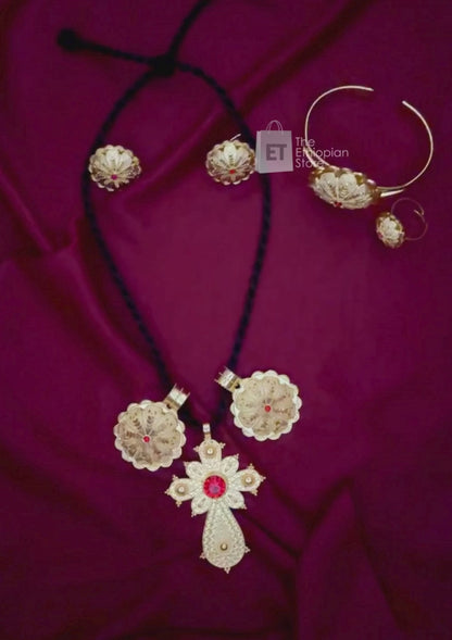 4-Piece Traditional Ethiopian Jewelry Golden Color Habesha Jewelry Set Includes Necklace, Earrings, Ring and Bracelet