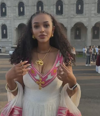 Fuchsia Pink & Gold V-Neck Cap-Sleeve Habesha Kemis Traditional Ethiopian dress For Holidays 1277