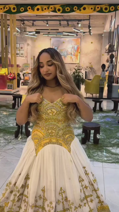 Royal Gold Off-Shoulder Corset Bridal Gown Traditional Ethiopian Wedding dress Graceful Habesha Kemis 1229