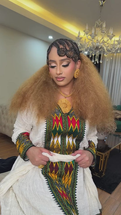 Tri-Color Green Red & Gold Geometric Habesha Kemis Tilf Panel Eritrean dress Long Sleeve Gown 1148