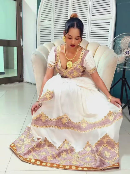 Blush Pink & Gold Cross Embroidery Habesha Couple Outfit Gown Ethiopian Men Shirt Set 1130
