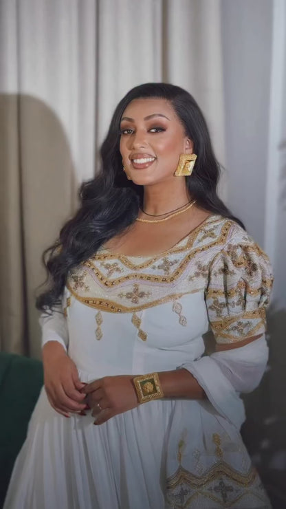 Ethiopian Clothing With Opulent Gold & Bronze Filigree Puff-Sleeve Habesha Kemis 1281