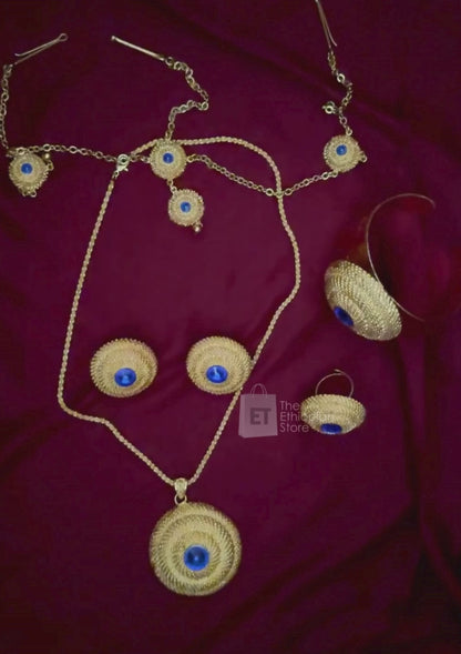 5-Piece Traditional Ethiopian Jewelry Golden Color with Blue Detailing Habesha Jewelry Set Includes Necklace, Earrings, Ring, Bracelet and Headpiece