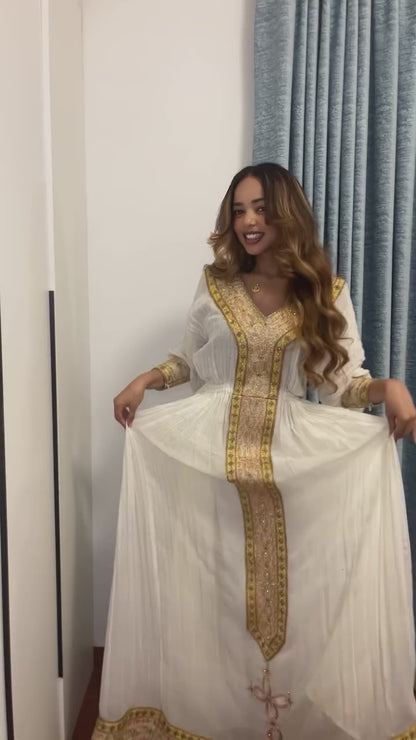 Soft Gold & Rose Pink V-Neck Column Traditional Ethiopian dress Classic Habesha Kemis For Festive 1286