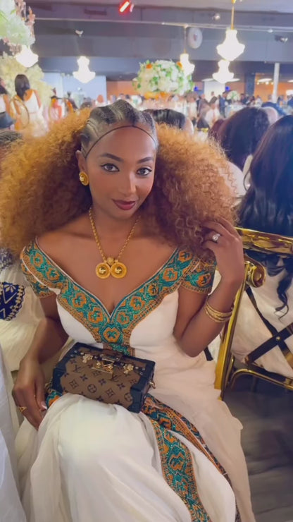 Royal Teal & Gold Embroidered Habesha Dress V-Neck Traditional Ethiopian dress Classic Habesha Kemis 1211