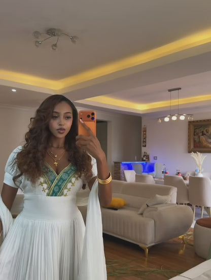 Habesha kemis With Majestic Peacock Teal & Sun-Kissed Gold Habesha Dress Handwoven Eritrean dress 1340
