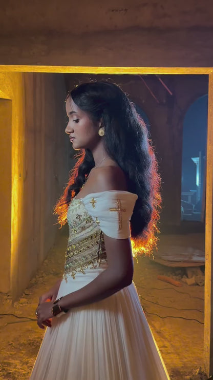 Royal Golden Cathedral Arches Habesha Kemis Off-Shoulder Ethiopian Wedding Dress with Corset Bodice 1296