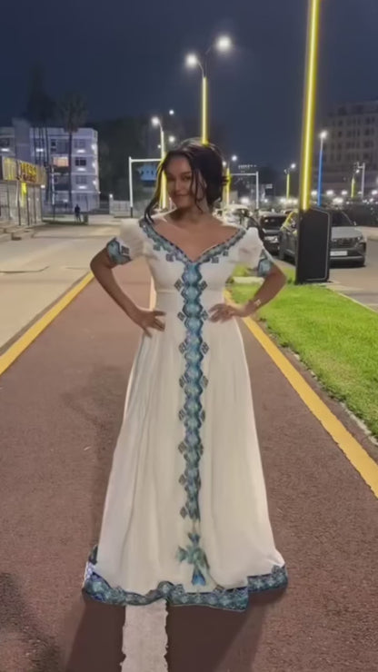 Sapphire & Sky Blue Diamond Cross Habesha Kemis V-Neck Traditional Ethiopian Dress Short Sleeve Gown 1119
