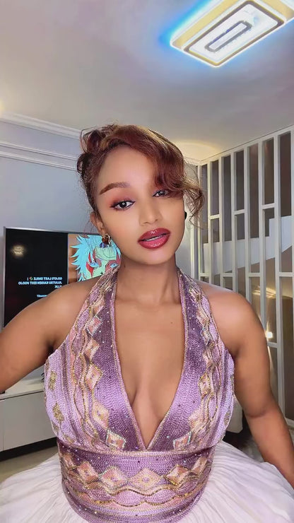 Silver & Mauve Halter Neck Habesha Dress Backless Habesha Kemis Online & Traditional Ethiopian dress 1237