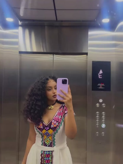 Multi-Color Floral Tilet Ethiopian Clothing V-Neck Habesha Dress Short Sleeve Habesha Kemis 1102