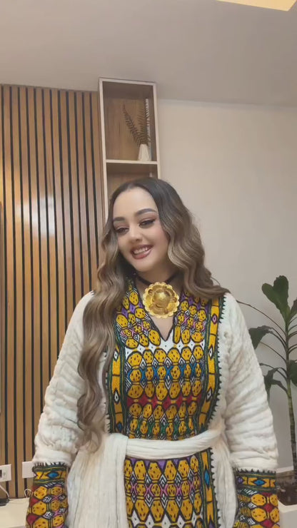 Mustard Yellow & Multi-Color Mosaic Habesha Dress V-Neck Ethiopian traditional dress Long Sleeve Habesha Kemis 1129
