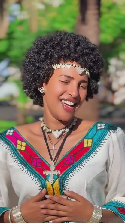 Vibrant Multi-Color Geometric Embroidered Ethiopian Dress Handcrafted Habesha Kemis Contemporary Ethiopian Clothing 1368