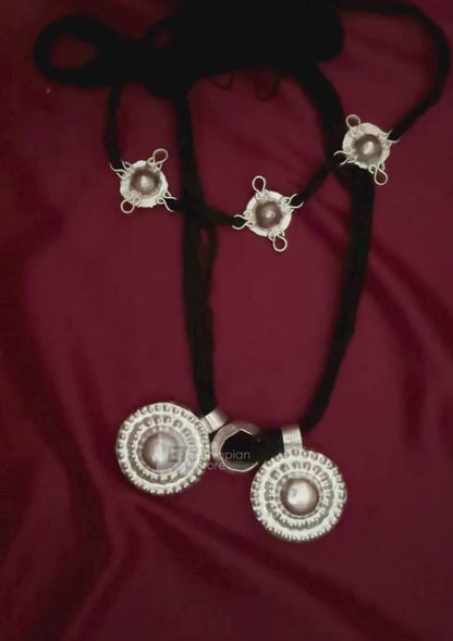 2 piece Silver Colored Traditional Ethiopian Necklace Black Thread Cultural Habesha Necklace and Headpiece