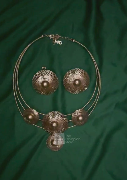 2-Piece Ethiopian Jewelry Set with Round Shaped Pendants Habesha Jewelry including Necklace and Earrings