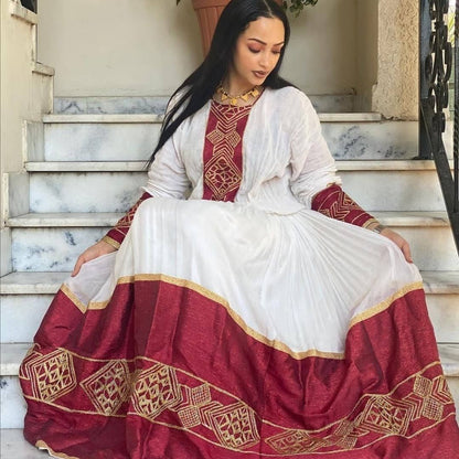 Beautiful Vibrant Shimena Dress with Tilf Embroidery, Habesha dress, Habesha Kemis, Eritrean dress, ሀበሻ