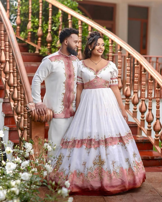 Glamorous  Light Pink Habesha Wedding Outfit with Matching Couple Design