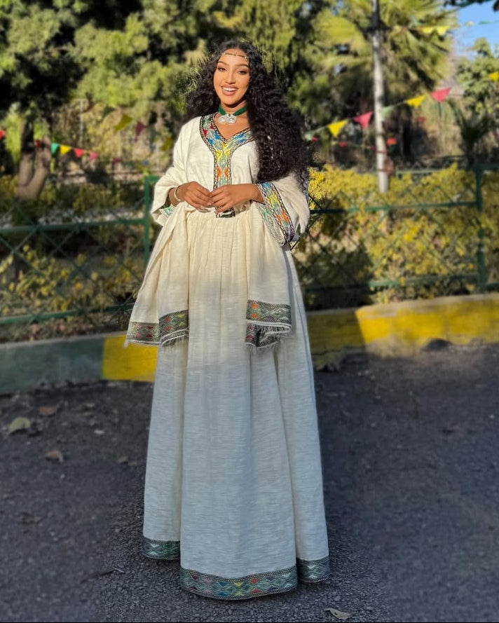 Elegant Habesha Dress with Colorful Embroidery – Ethiopian Traditional Clothing – Habesha Kemis
