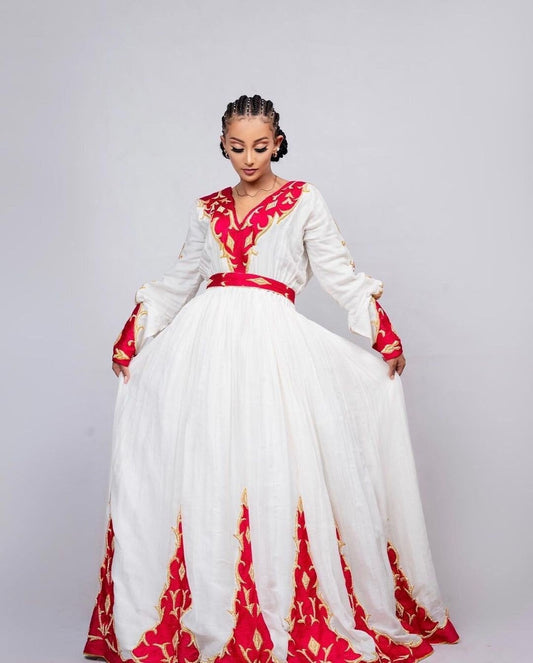 Vibrant red habesha dress embroidery habesha kemis design habesha libs 2023