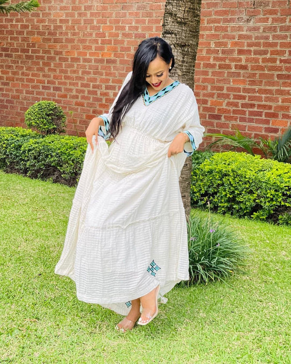 Simple Habesha Dress with Delicate Light Blue Designs Habesha Kemis Habesha libs